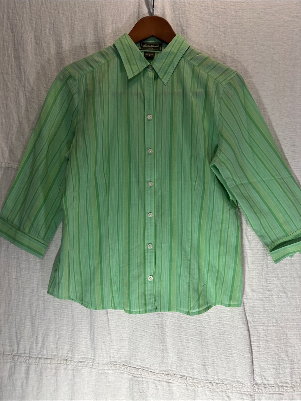 Eddie Bauer Light Green Striped Button-Down Blouse 100% Cotton